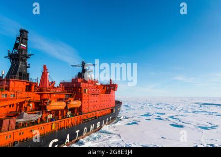Aerial of the Icebreaker '50 years of victory' on the North Pole, Arctic Stock Photo