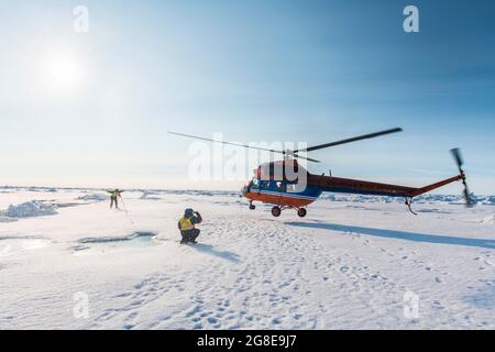 Helicopter on the North Pole, Arctic Stock Photo