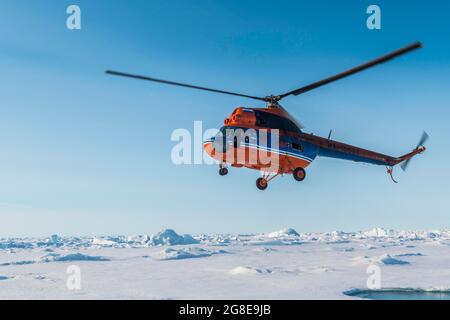 Helicopter on the North Pole, Arctic Stock Photo