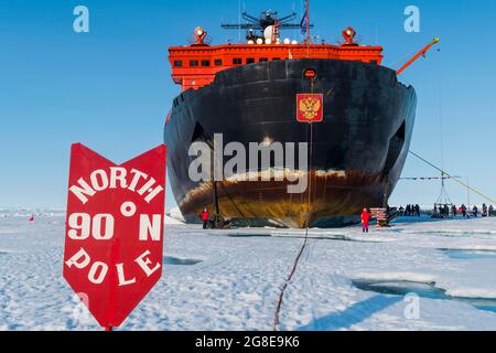 Bow and anchor of the Icebreaker '50 years of victory' on the North Pole, Arctic Stock Photo