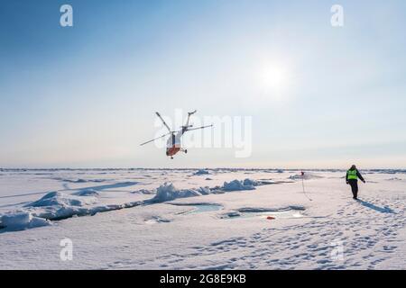 Helicopter on the North Pole, Arctic Stock Photo