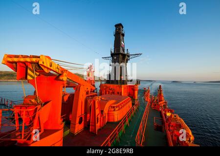 Sunset light on the nuclear icebreaker 50 years of victory, Murmansk, Russia Stock Photo