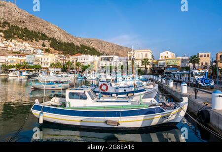 Greek fishing boat in harbour, Kalymnos, Dodecanese, Greece Stock Photo