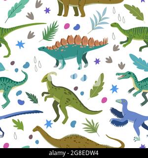 Seamless pattern with cartoon doodle dinosaurs and nature elements, rocks, leaves and stars. Adorable children design. Stock Vector