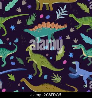 Seamless pattern with cartoon doodle dinosaurs and nature elements, rocks, leaves and stars. Adorable children design. Stock Vector