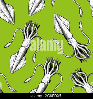 Seamless pattern with squid mollusks. Illustration in vintage line art style. Stock Vector