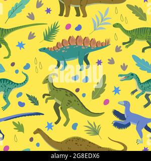 Seamless pattern with cartoon doodle dinosaurs and nature elements, rocks, leaves and stars. Adorable children design. Stock Vector