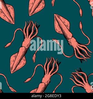 Seamless pattern with squid mollusks. Illustration in vintage line art style. Stock Vector