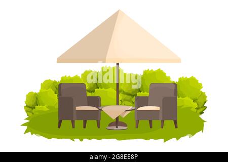 Wooden round table with tablecloth,parasol and two armchairs textured in cartoon style isolated on white background. Backyard, outdoor furniture, decoration, scene with grass and bush. Vector illustration Stock Vector