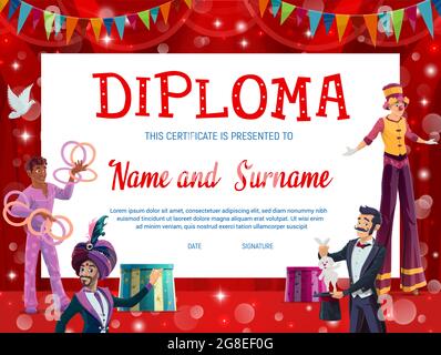 Shapito circus kids education diploma with carnival performers vector background frame. School graduation diploma, achievement or appreciation certifi Stock Vector
