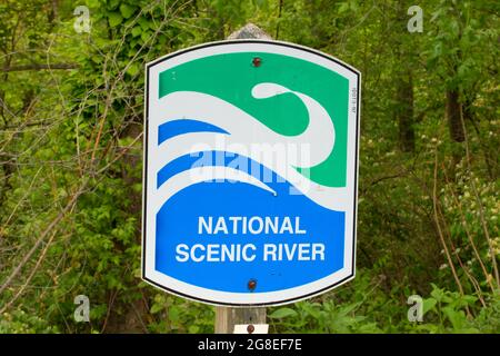 National Scenic River sign, Middle Fork Vermilion Wild and Scenic River, Kickapoo State Park, Illinois Stock Photo