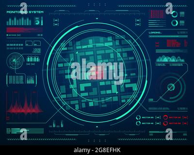 HUD security monitoring system technology. Secret service, police or army control center screen with target movement sensor data tracking interface, r Stock Vector