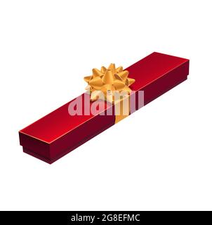 Jewelry gift box, red case present with golden bow tie, vector. Gift box for jewelry necklace or red velvet with gold ribbon, birthday or wedding and Stock Vector