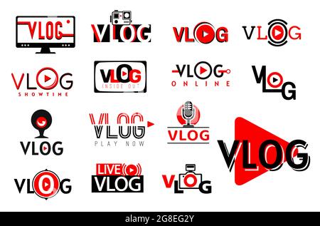 Vlog video icons, symbols of play and tv blog vector buttons. Vlog video channel and social media stream or live online vlogger tube broadcast, web ca Stock Vector