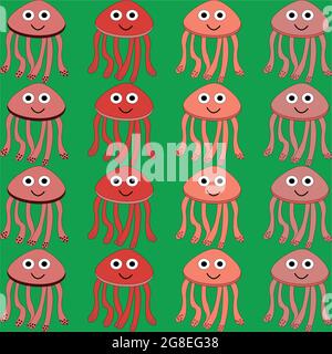 Seamless pattern with painted colorful jellyfish. Can be used for wallpaper, textiles, packaging, cards, covers. Small colorful jellyfish on a green b Stock Vector