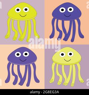Set of vector multicolored purple -yellow cute jellyfish on isolated background. Fish set. Stock Vector