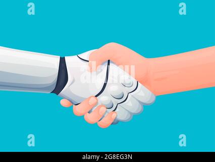 Cooperation with artificial intelligence. Human shaking hand with robot or android, man welcoming cyborg, future machine or robotic alien. Cartoon vec Stock Vector