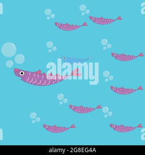 A cute family of fish with mom, daughters and one son swim in the sea Stock Vector