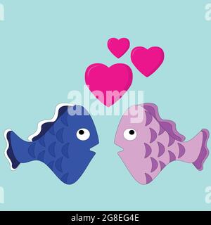 Cute loving fishes of pink and blue color look at each other hearts fly above them on blue  isolated background Stock Vector
