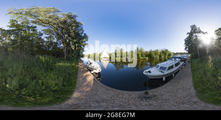 360 degree panoramic view of Public moorings on the River Ant in Barton Turf, Norfolk Broads