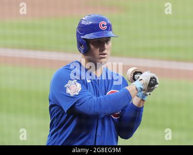 Chicago Cubs' Anthony Rizzo stands in the dugout during a baseball game  Pittsburgh Pirates in Pittsburgh, Monday, July 1, 2019. (AP Photo/Gene J.  Puskar Stock Photo - Alamy