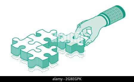 Hand Holds Puzzle and Tries to Connect it and Finish Game. Outline Isometric Concept. Business Solution. Vector Illustration. Stock Vector