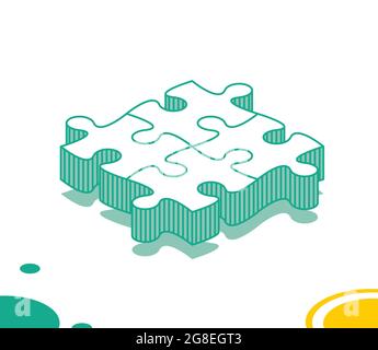 Isometric Puzzle on White Background. Four Puzzle Pieces. Outline Teamwork or Cooperation Concept. Vector Illustration. Stock Vector