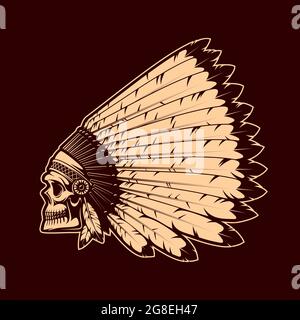 Indian chief skull in war bonnet. Native americans culture and wild west colonization history vector symbol with human skull and feather ritual headdr Stock Vector