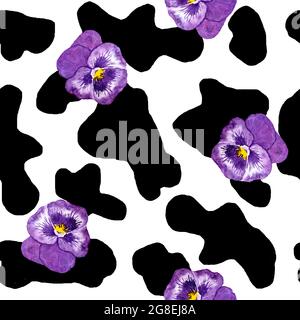 Watercolor hand drawn seamless cow print fabric pattern, black white pastel  purple violet colors. Pansy flower. Cowboy cow girl western background  illustration design, milk farm wallpaper Stock Photo - Alamy