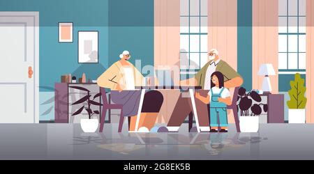 grandparents with granddaughter using laptop social media network online communication concept living room interior Stock Vector