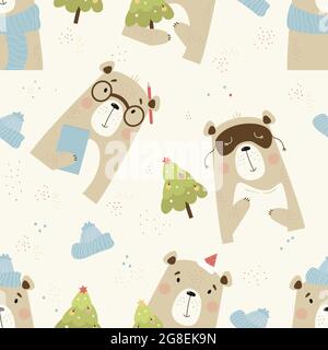 Seamless pattern with cute bears. Animal in winter clothes, Santa hat and a Christmas tree, with a book and glasses, with a pillow and a mask for Stock Vector