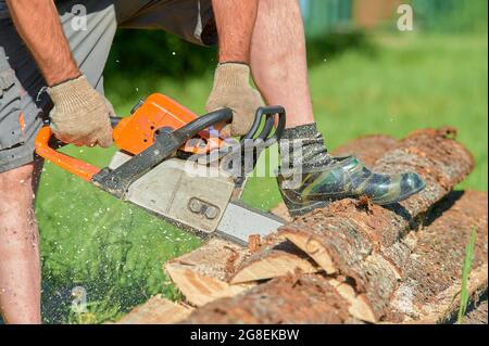 sawing timber with a chainsaw on a sunny day in summer Stock Photo