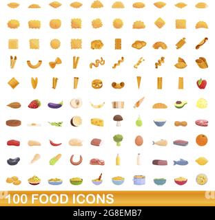 100 food icons set. Cartoon illustration of 100 food icons vector set isolated on white background Stock Vector