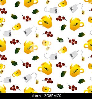 Pattern with a yellow teapot and a cup. Tea ceremony. Stock Vector