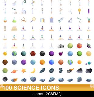 100 science icons set. Cartoon illustration of 100 science icons vector set isolated on white background Stock Vector