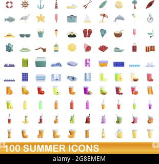 100 summer icons set. Cartoon illustration of 100 summer icons vector set isolated on white background Stock Vector