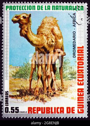 EQUATORIAL GUINEA - CIRCA 1974: a stamp printed in Equatorial Guinea shows Dromedary, Camelus Dromedarius, Animal, circa 1974 Stock Photo