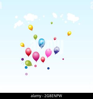 Colorful balloons flying on the blue sky in sunlight in day time below clouds Stock Vector