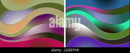 Abstract gradient colorful wavy curve background. Abstract paper wave layer cut background. Paper craft style of background set of 2 Stock Vector