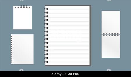 Metal spiral vector blank notebook, textbook, scrapbook empty template set Stock Vector