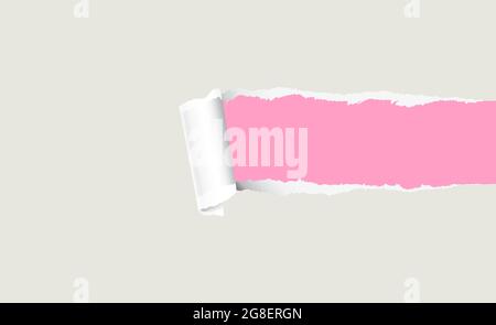 White torn paper revealing pink background for text, advertising or design. Stock Vector