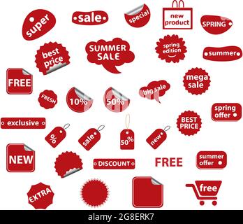 Set of sale tags. Ribbon sale banners in red color. Price and discount labels. Red promotional stickers. Stock Vector