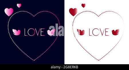 Dotted heart frame contains LOVE and doves with gradient pink, white and red color on blue and white background Stock Vector