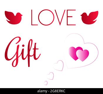 Valentine love icons elements set including LOVE, dove bird, gift, pink gradient hearts on white background Stock Vector