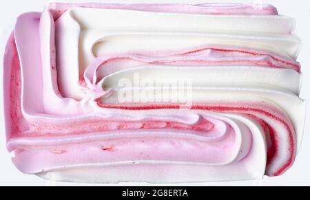 Texture of ice cream strawberry close up. Top view. Horizontal composition. Isolated red-veined ice cream. with red layers and stripes Stock Photo