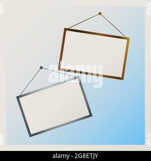 Photo frames hanging on blue gradient background. Set of 2 empty frames Stock Vector