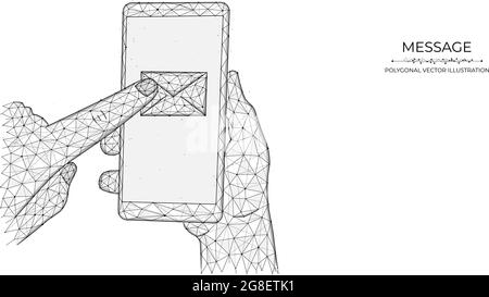Hands and message low poly art. Polygonal vector illustrations of a hand holding a phone and pressing an email with the index finger. Stock Vector