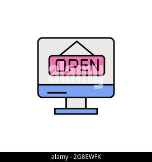 E-commerce monitor, sign, open color vector icon. Stock Vector