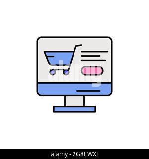 E-commerce monitor, grocery cart, button color vector icon. Stock Vector