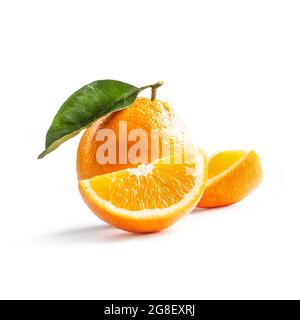 Fresh oranges isolated on white background - Close up. Stock Photo